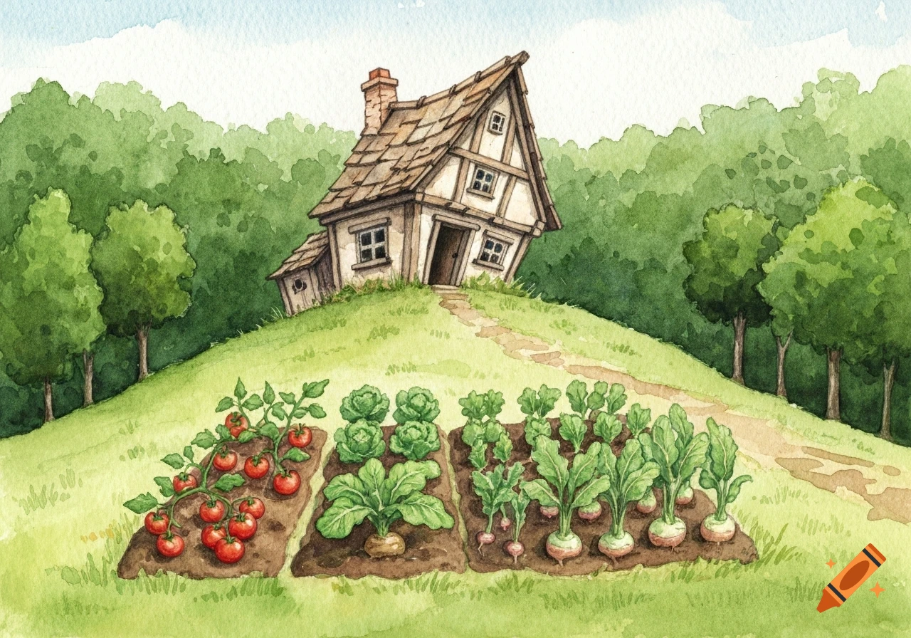A whimsical watercolor drawing of a crooked old hut on a grassy hill, surrounded by a forest and a vegetable garden.