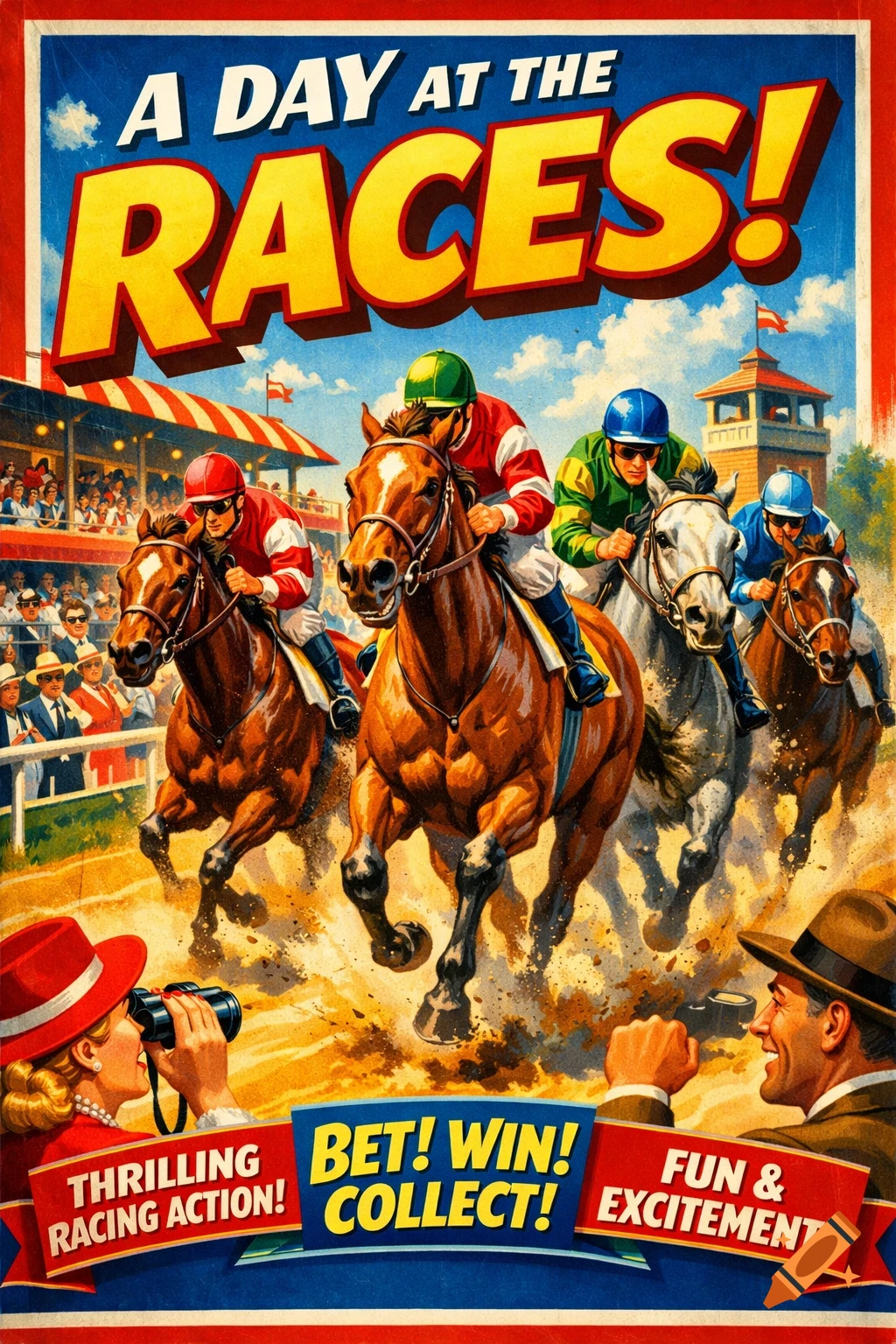 1950s poster art advertising a horse race, featuring jockeys on galloping horses, cheering spectators, and bold text 'A Day At The Races!'