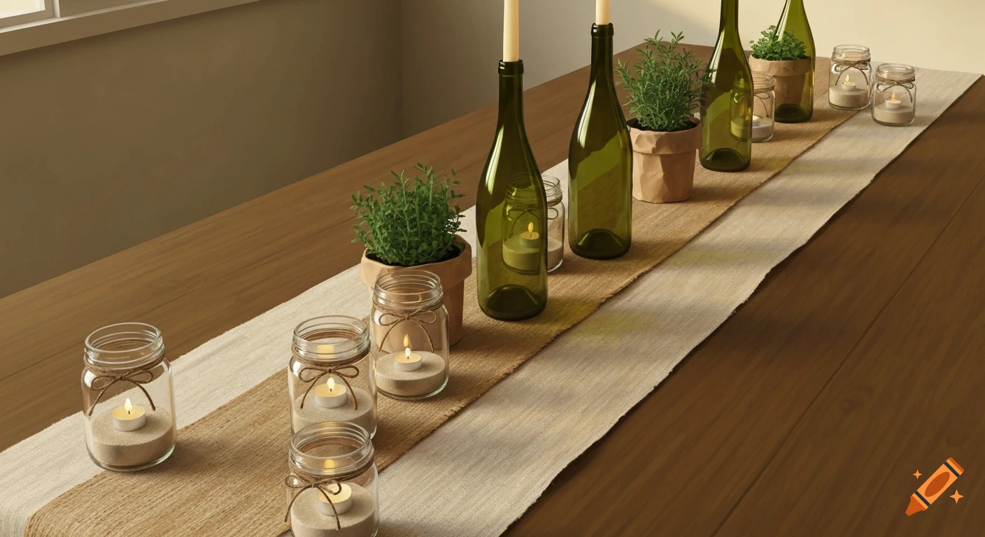 A long wooden table features a natural fiber runner adorned with potted herbs, green wine bottles holding taper candles, and mason jars containing sand and tea lights.