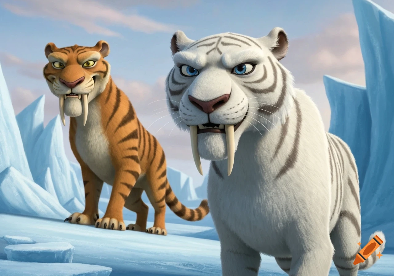 An animated white sabertooth tiger and an orange sabertooth tiger stand on an icy plain.