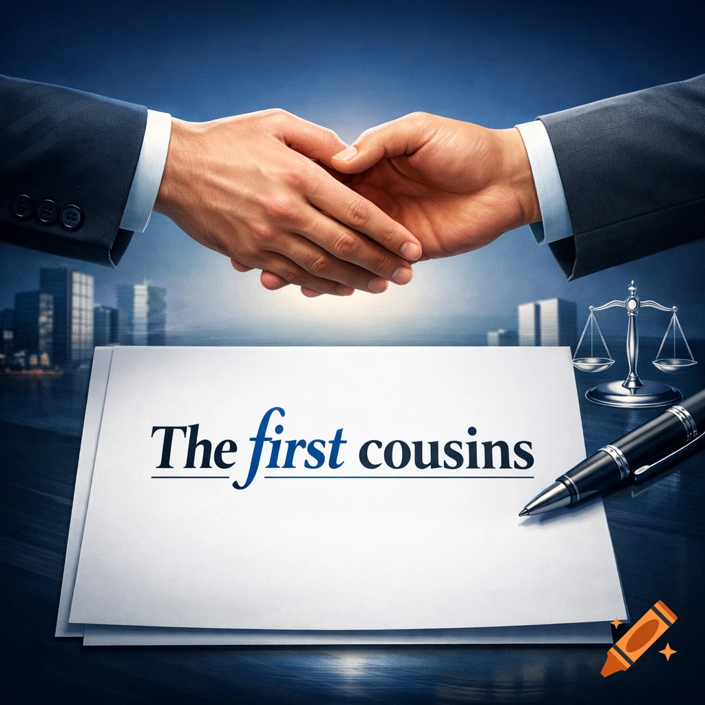 Two business hands shaking above a document titled 'The first cousins', with scales of justice and a pen nearby, against a city background.