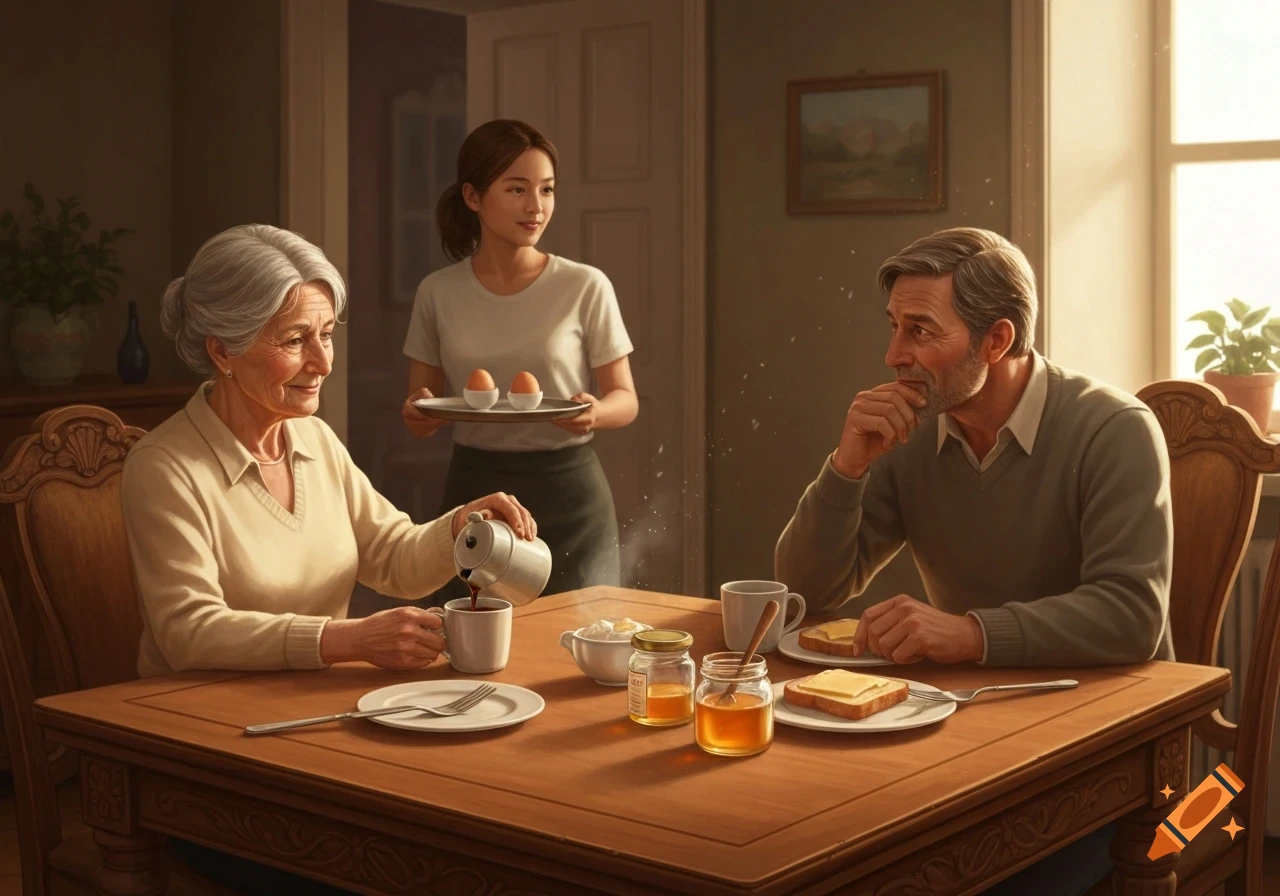 An elderly woman pours coffee at a breakfast table across from an elderly man, while a young woman brings a tray of eggs.
