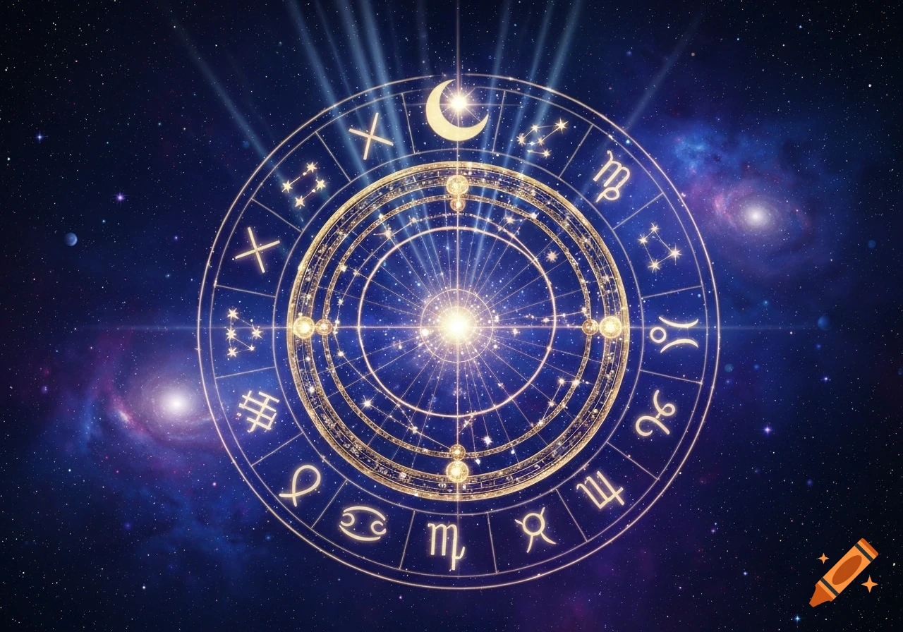 A golden astrological wheel with zodiac signs, symbols, and constellations against a dark blue cosmic background with nebulae and bright stars.