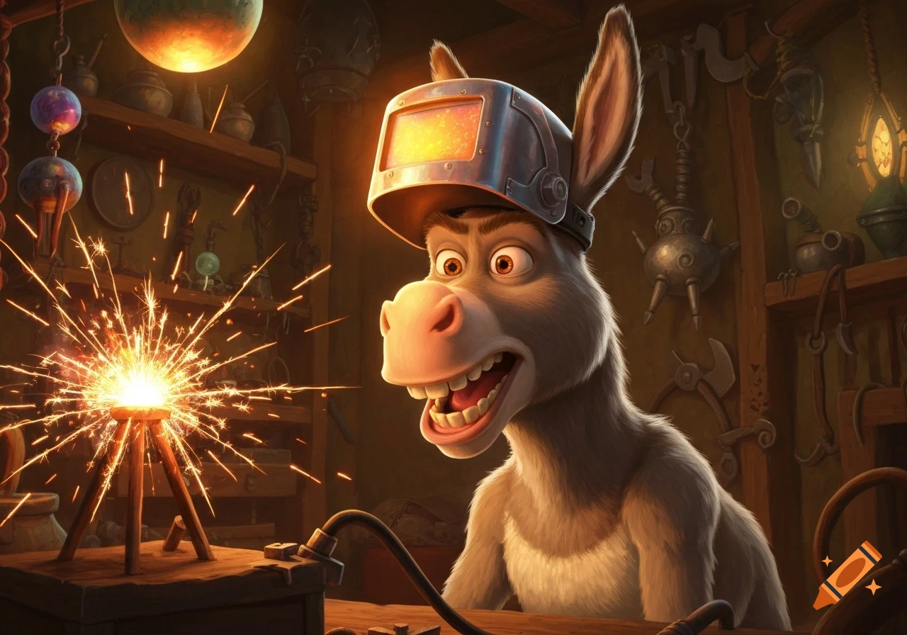 Donkey from Shrek wearing a welding helmet, intently watching sparks fly from a welding operation in a detailed workshop.