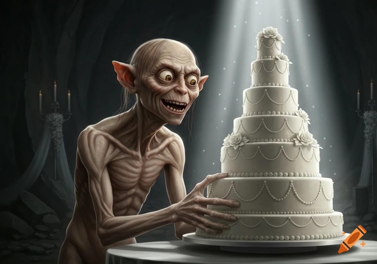 Gollum, a thin, pale creature, grins intensely at a towering white wedding cake in a dark, spotlighted setting.