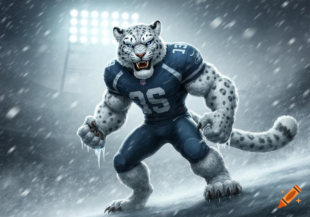 A muscular snow leopard football mascot in a blue uniform, roaring in a snowy stadium under bright lights, digital art.