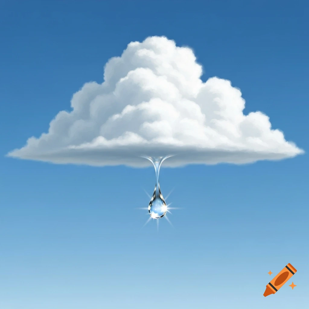 A fluffy white cloud hangs in a blue sky, with a single sparkling raindrop dripping from its base.