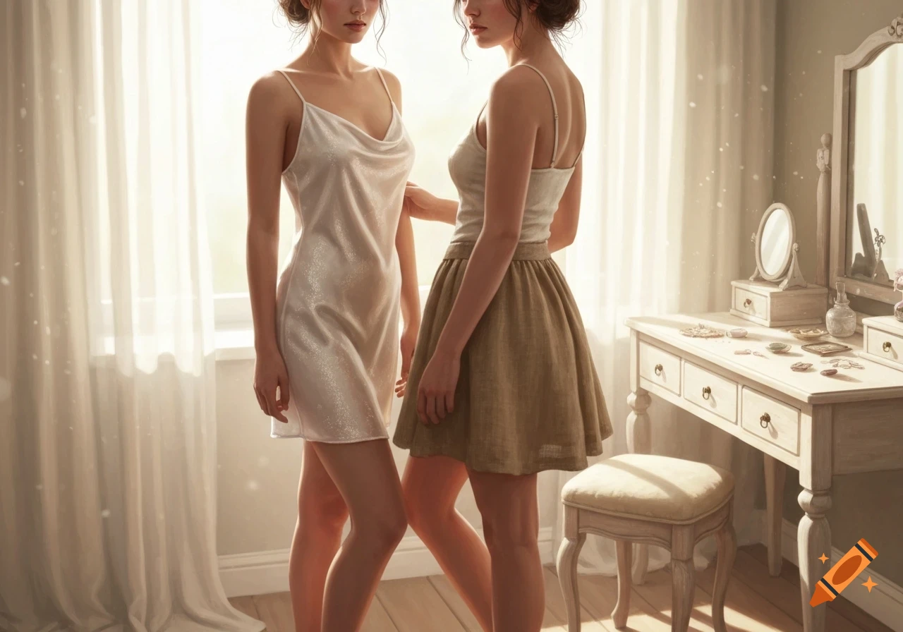 Two women stand in a sunlit room, one in a white silk chemise, the other in a beige skirt and top, near a dressing table. Photorealistic.