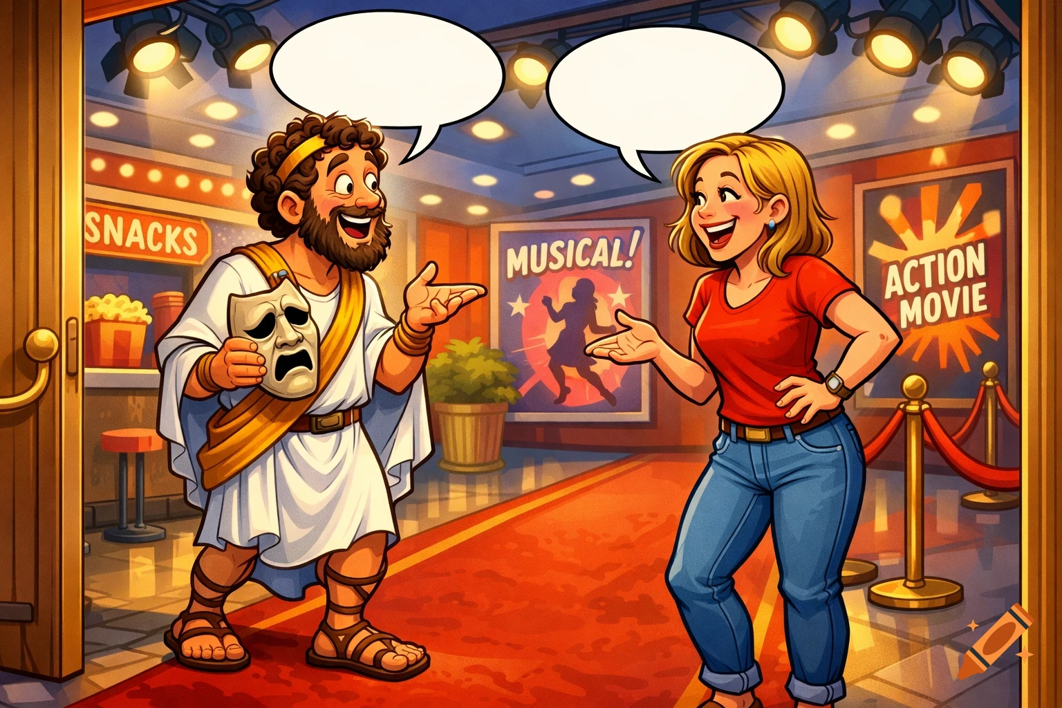 A colorful cartoon shows an ancient Greek actor and a modern actress talking and laughing in a vibrant theater lobby with movie posters.