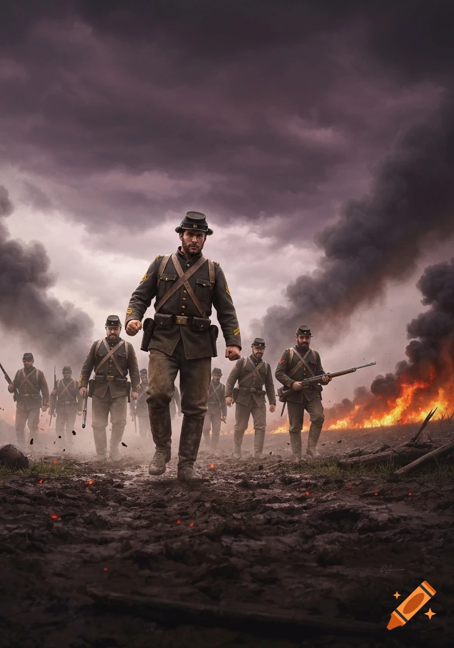 Photorealistic Civil War soldiers march through a muddy battlefield with smoke and fire under a dramatic cloudy sky.