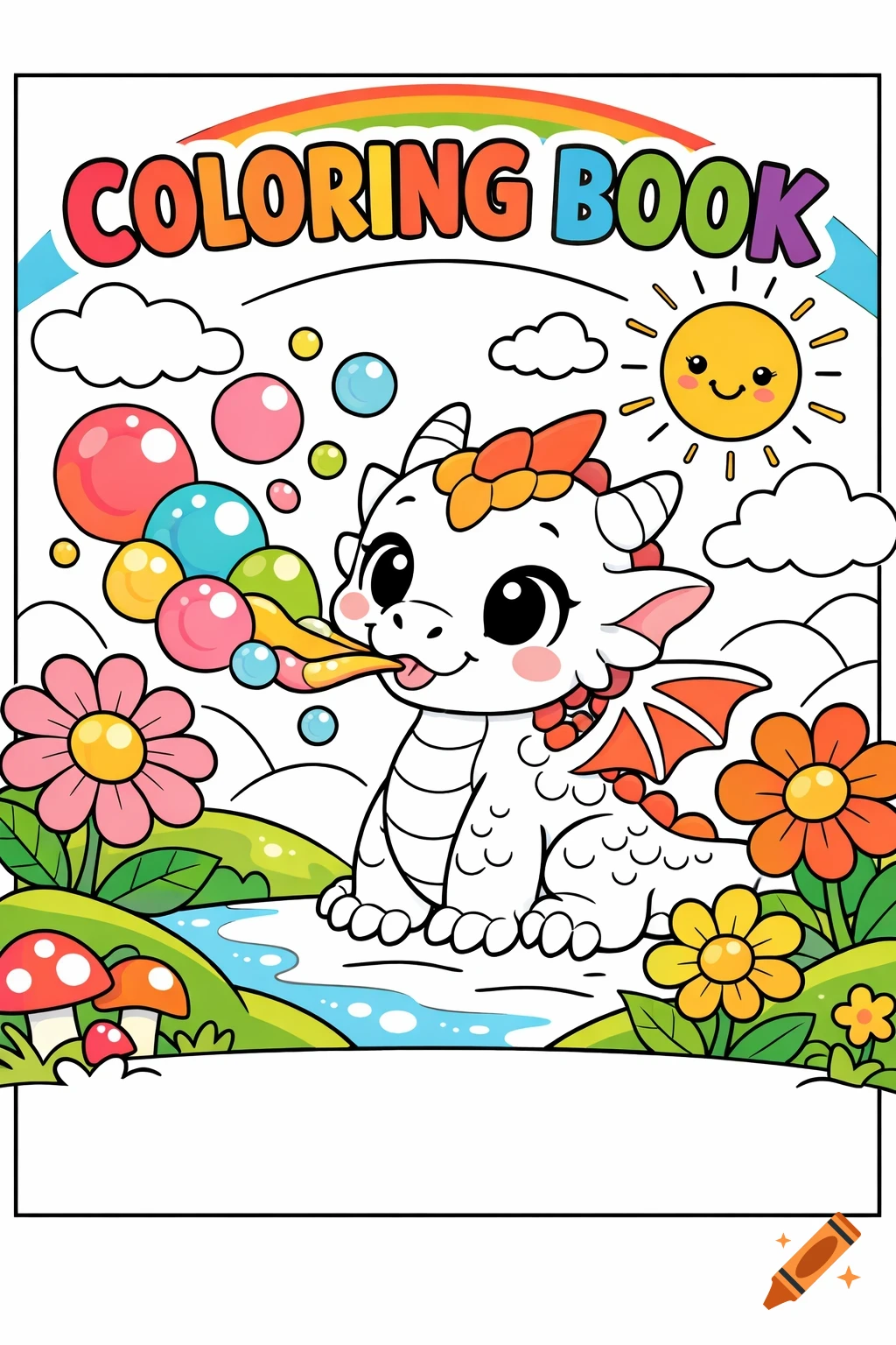 Cute cartoon dragon blowing colorful bubbles in a field with flowers, a rainbow, and a smiling sun, in a coloring book style.