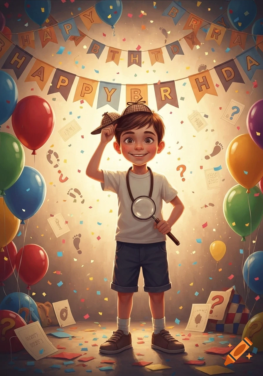 A smiling boy in a detective hat and magnifying glass stands amidst balloons and confetti at a birthday party, cartoon style.