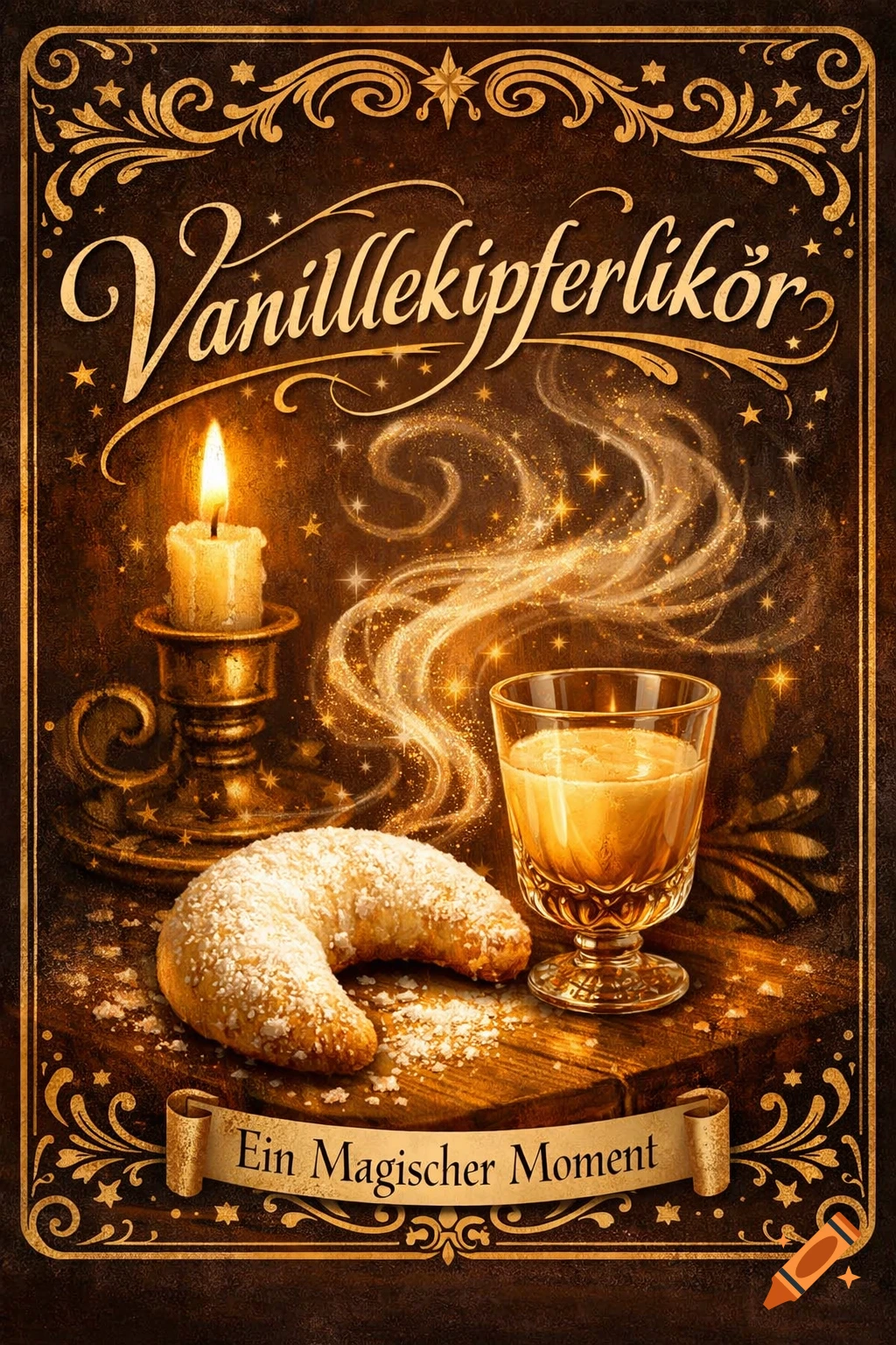 A decorative vintage-style label for Vanillekipferlikör, featuring a candle, a glass of liqueur, a sugar-dusted pastry, and glowing magical dust, with text "Ein Magischer Moment" on a ribbon.