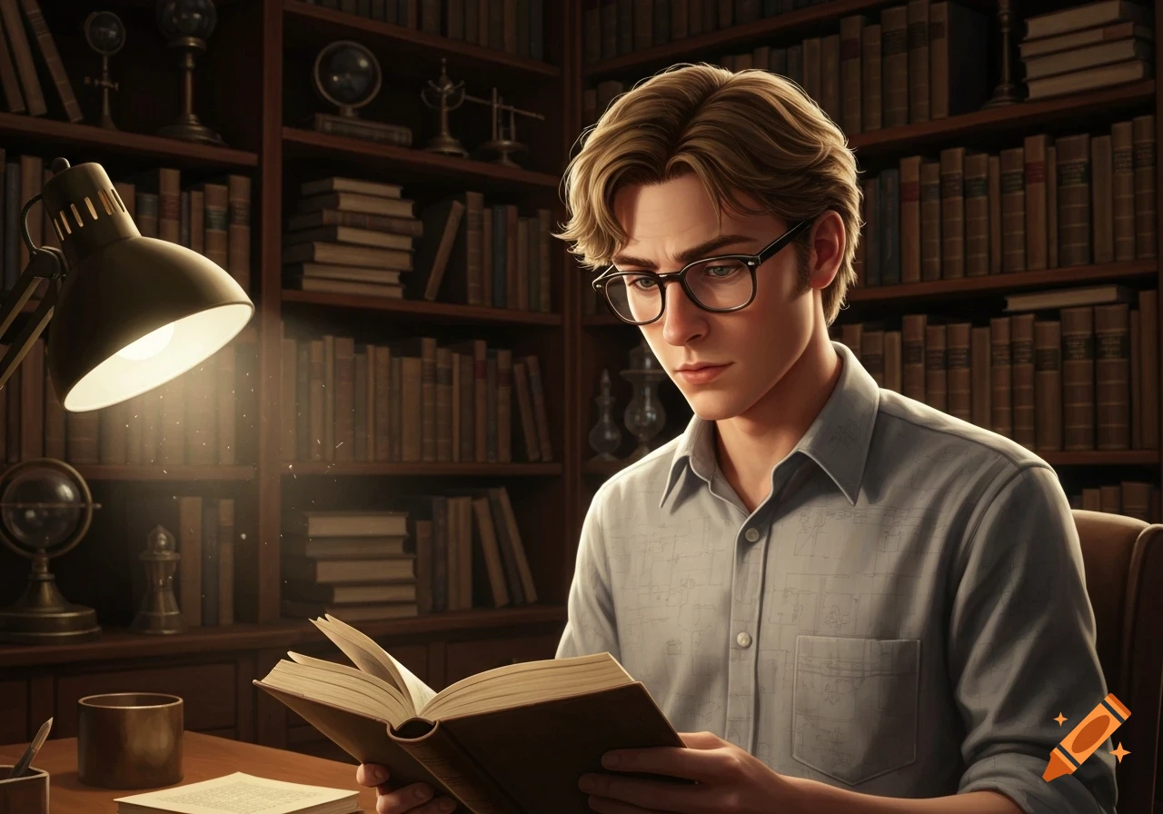 A young man with blond hair and glasses reads a book at a desk in a photorealistic library setting.
