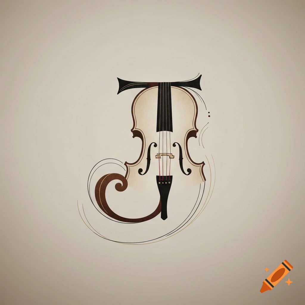 A stylized letter 'J' is formed by the body and F-holes of a cello, with swirling decorative lines, on a light beige background.
