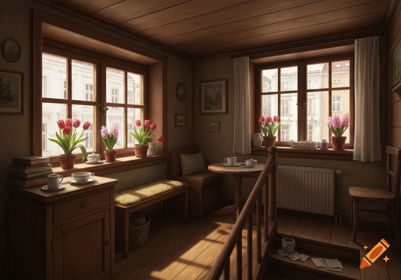 A cozy, sunlit room with two large windows overlooking city buildings. Potted tulips and hyacinths sit on the window sills, and wooden furniture fills the space.