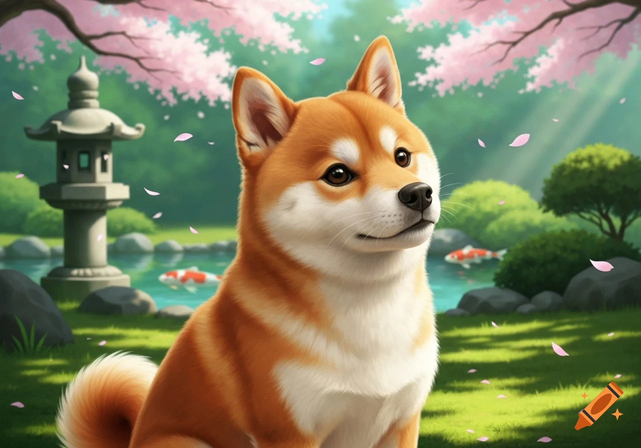 A cute Shiba Inu dog in a vibrant Japanese garden with cherry blossoms and a koi pond.