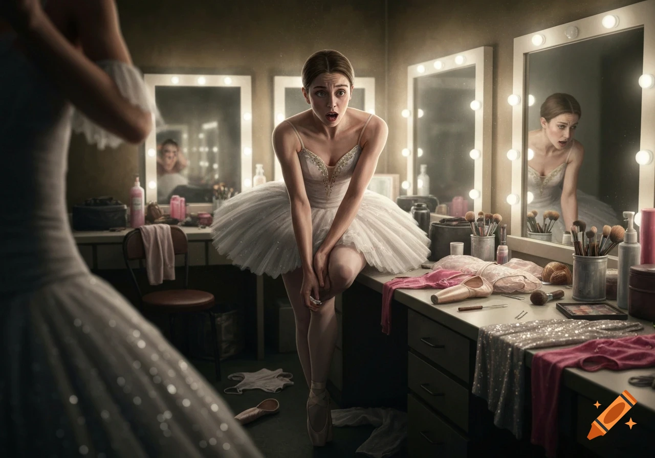Photorealistic image of a distraught ballerina in a white tutu leaning on a cluttered dressing room table with mirrors.