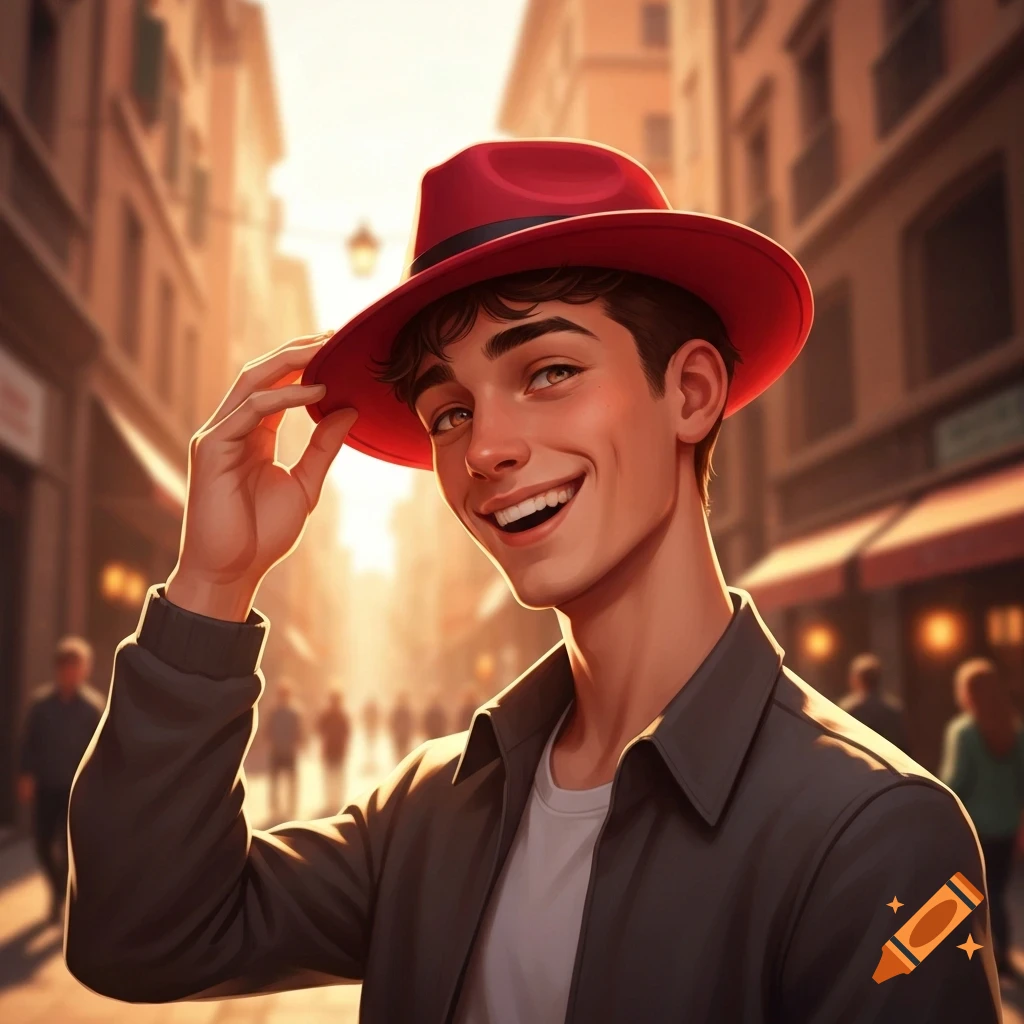 A smiling young man in a red hat tips his hat in a sunny, stylized city street.