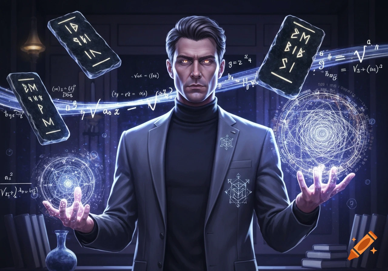 A man with glowing red eyes and a turtleneck under a suit conjures magic symbols and floating runes amidst mathematical equations in a dark room.
