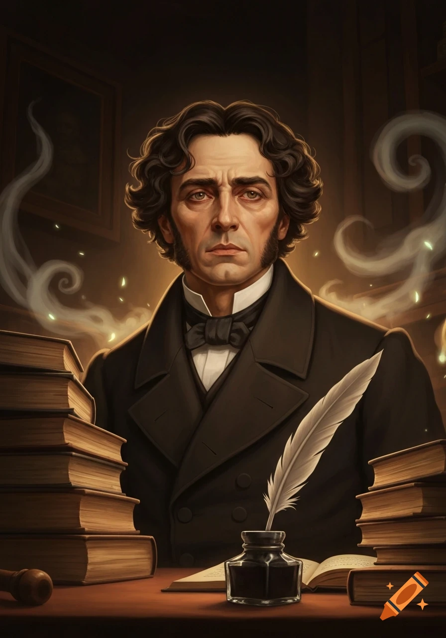 Dramatic portrait of a man in historical attire, with curly hair, surrounded by books, an inkwell, quill, and mystical smoke.