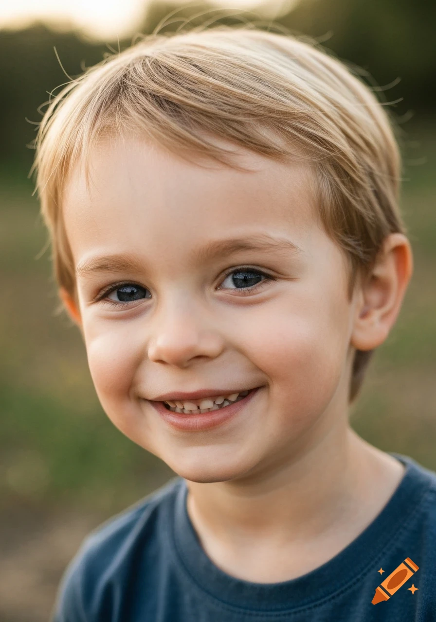 Close-up photorealistic portrait of a happy young boy with blonde hair and blue eyes, smiling.
