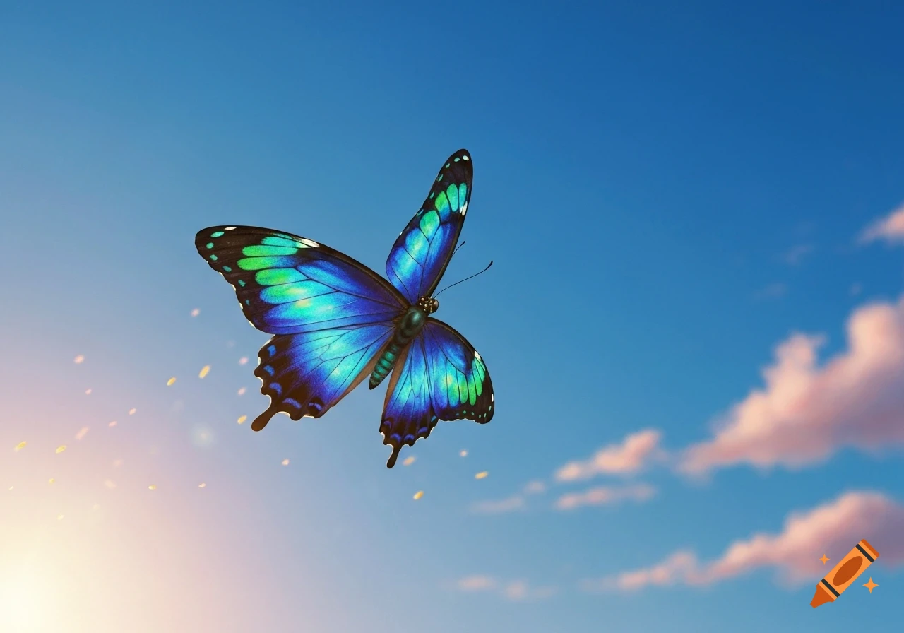 A vibrant blue and green butterfly with iridescent wings flies against a clear blue sky with soft white clouds.