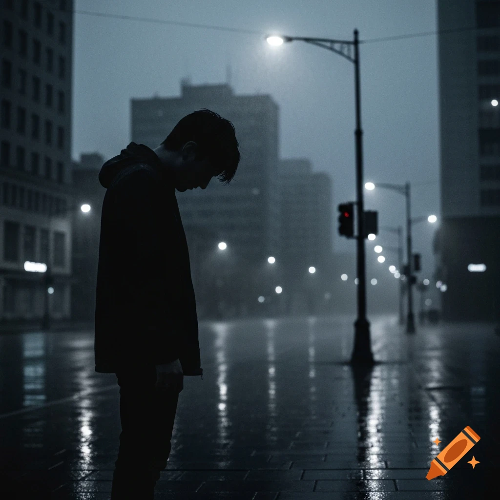 Silhouette of a man looking down on a dark, wet city street at night, appearing sad and contemplative.