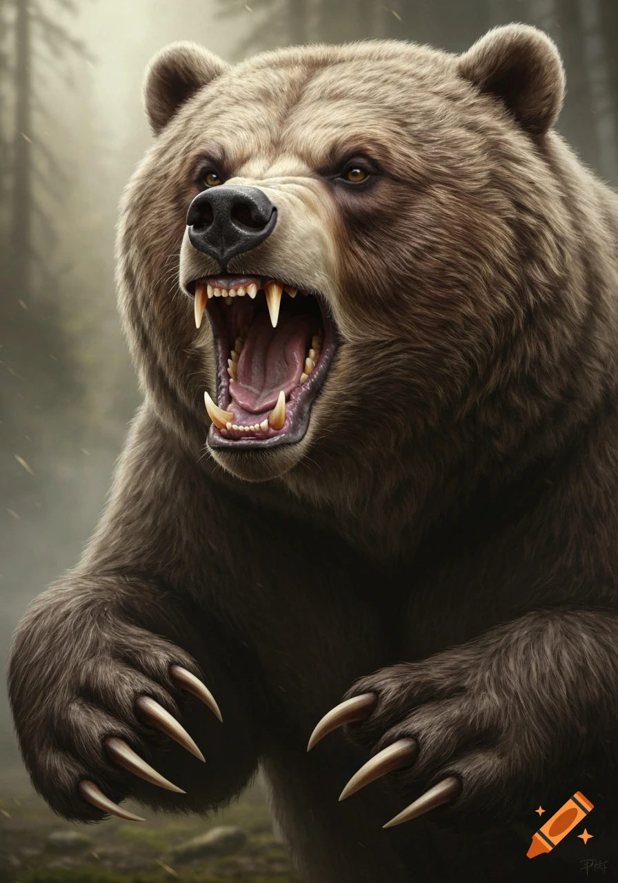 Photorealistic close-up of a brown bear roaring, showing its sharp fangs and claws, in a misty forest.