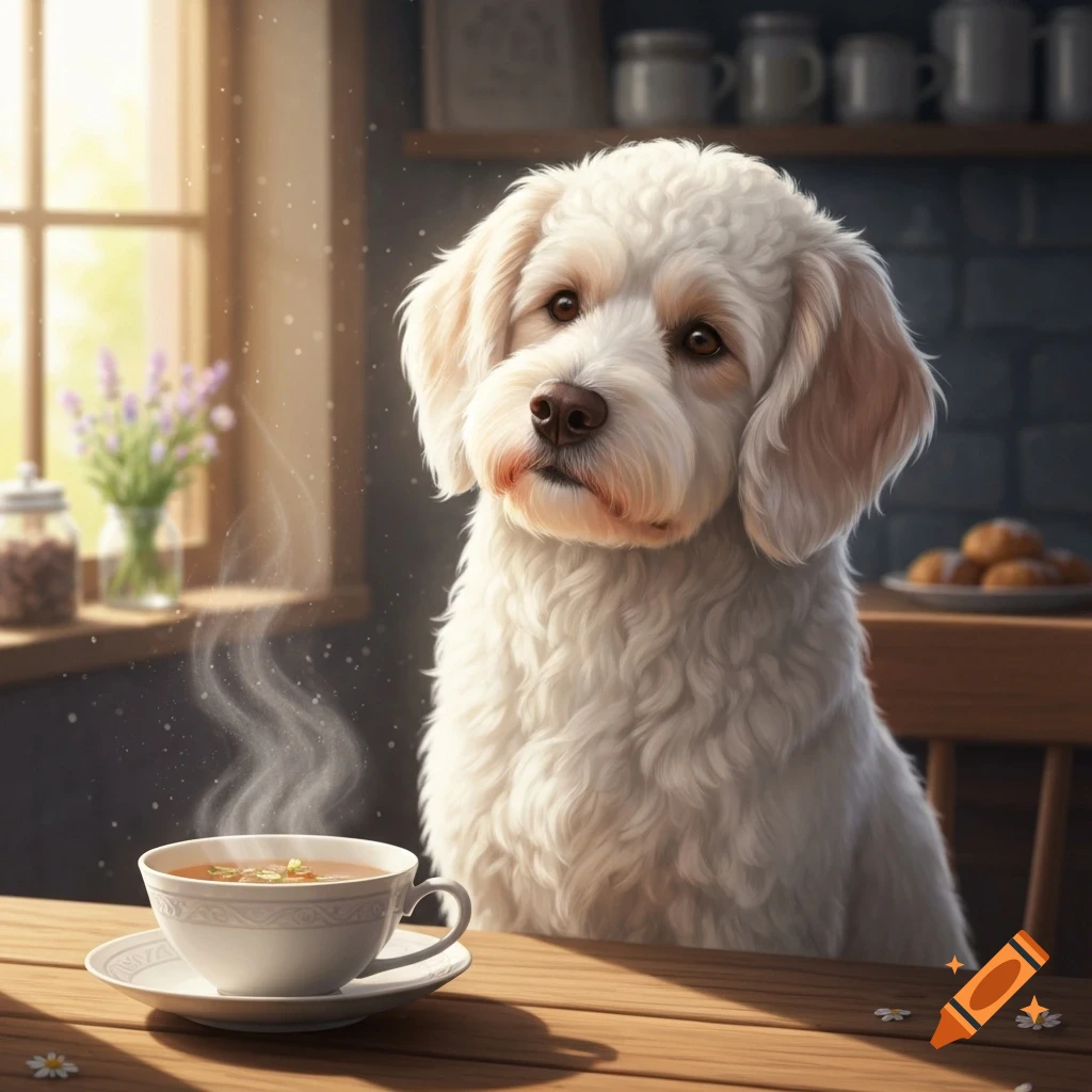 A fluffy white Bolonka dog sits at a wooden table with a steaming cup of tea in a sunny kitchen.