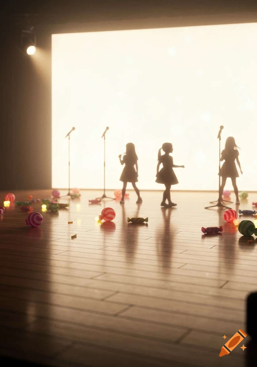 Three girl silhouettes stand on a wooden stage with microphones and scattered candies, illuminated by warm lights from a white backdrop.
