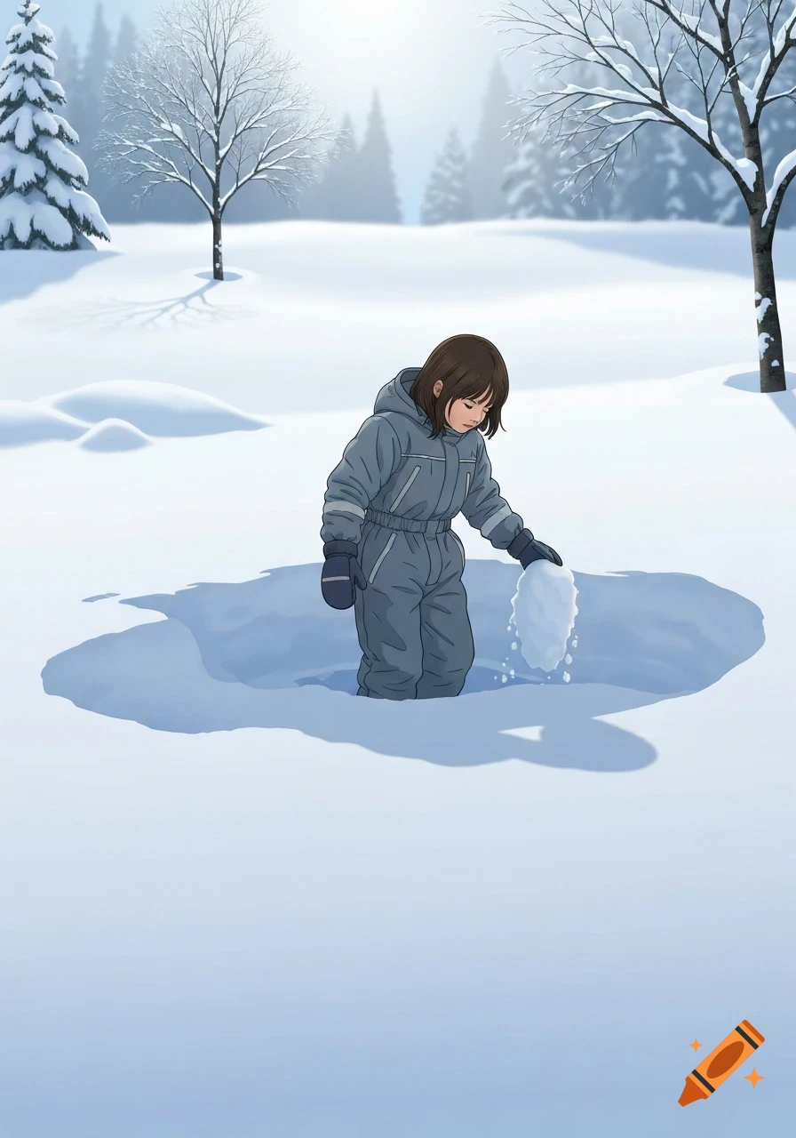 An illustration of a young girl in a grey snowsuit standing in deep snow, forming a snowball in a winter forest scene.