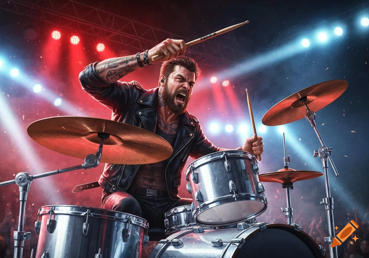 A bearded rock drummer with tattoos, wearing a leather jacket, intensely plays drums on a concert stage with red and blue lights.