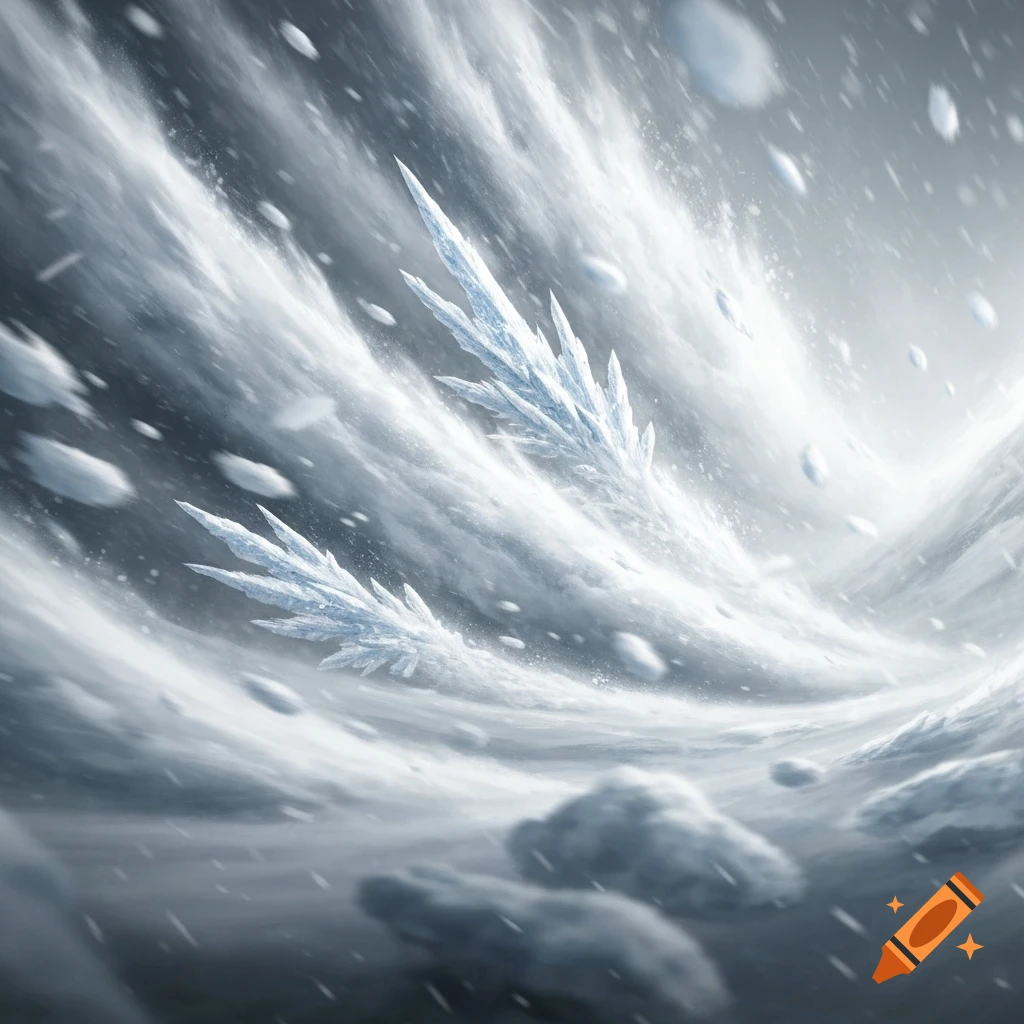 Dynamic scene of a blizzard with large, jagged ice shards flying amidst swirling snow and wind.