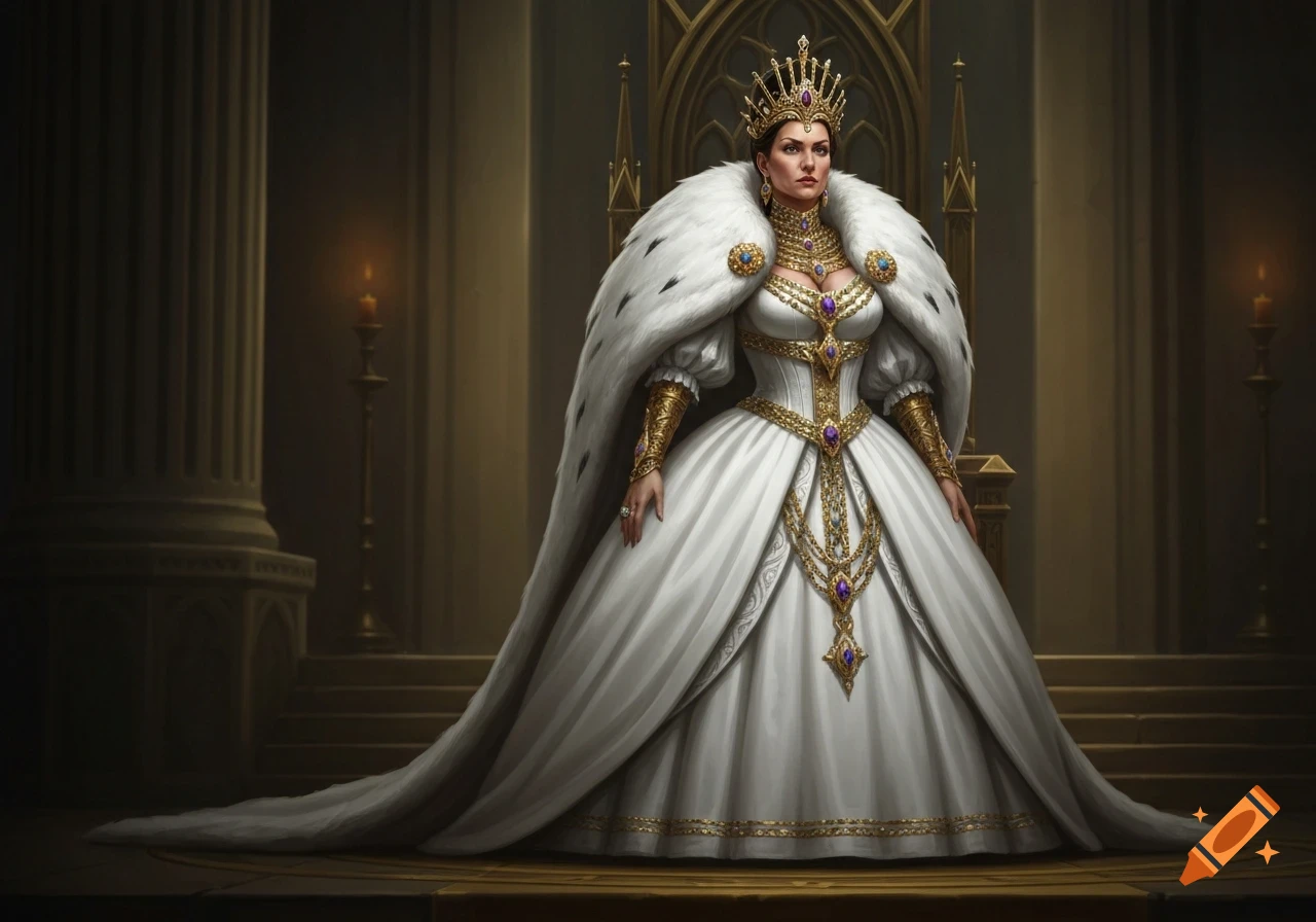 Regal woman in a white gown, fur cloak, and golden crown in a majestic hall.