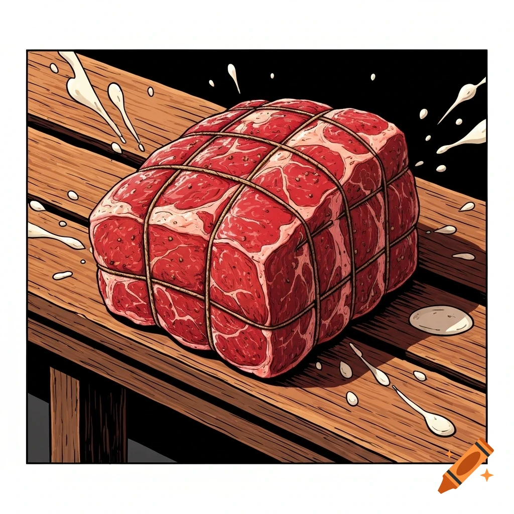 A comic-style illustration of a large raw meat roast tied with string on a wooden surface, with white marinade splashes.