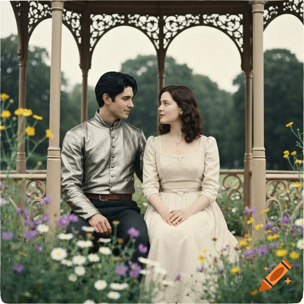 A man in a silver tunic and a woman in a cream dress share a tender moment under a gazebo, surrounded by colorful wildflowers. Vintage photograph style.