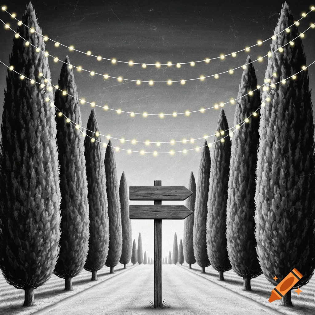 Black and white illustration of a path lined with cypress trees, a blank wooden signpost, and glowing string lights overhead, in a Tuscan style.