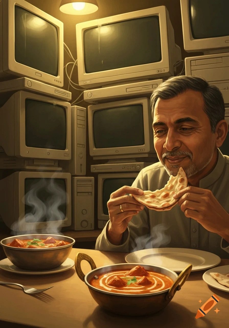 A man happily eats naan and curry at a table, surrounded by stacks of vintage computer monitors and towers.