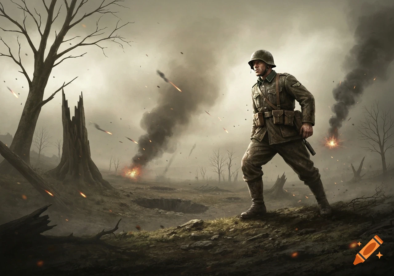 A soldier in a helmet and uniform stands amidst a smoky, war-torn battlefield with explosions and bare trees under a cloudy sky.