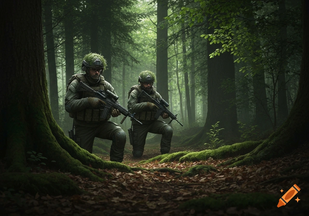 Two camouflaged soldiers in military gear kneel with rifles in a dense, misty forest, appearing to be in a tactical position.