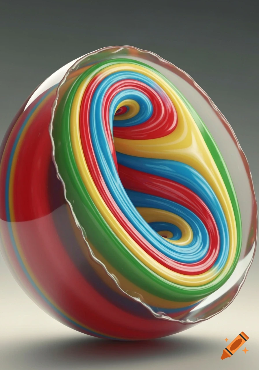 A 3D render of a translucent sphere, cut in half, revealing vibrant, swirling rainbow-colored layers inside like a jawbreaker candy.