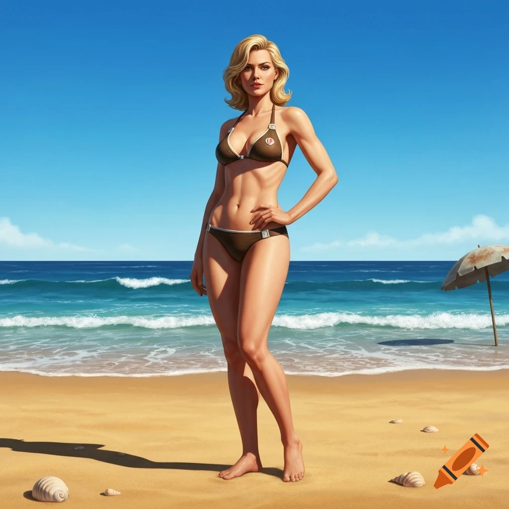 A stylized image of a blonde woman in a dark bikini standing on a sunny beach with ocean waves and a parasol in the background.