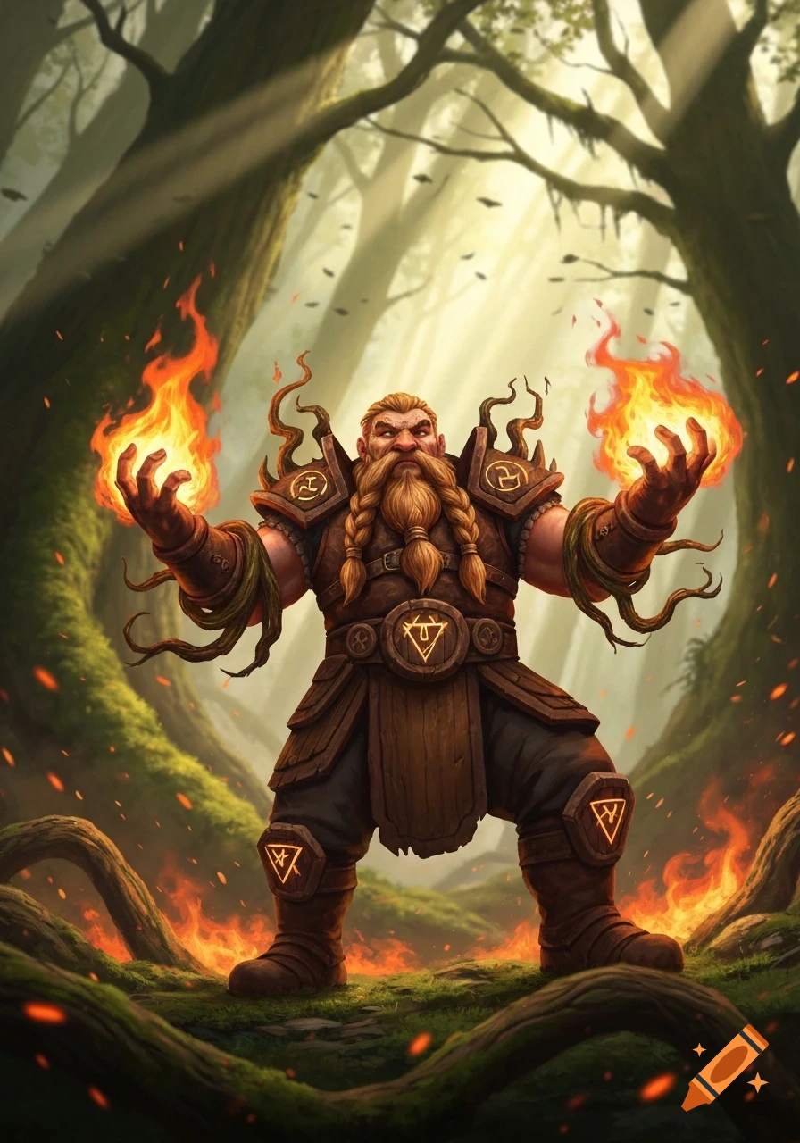 A powerful bearded dwarf, clad in leather armor with glowing symbols, wields balls of fire in a mystical forest.