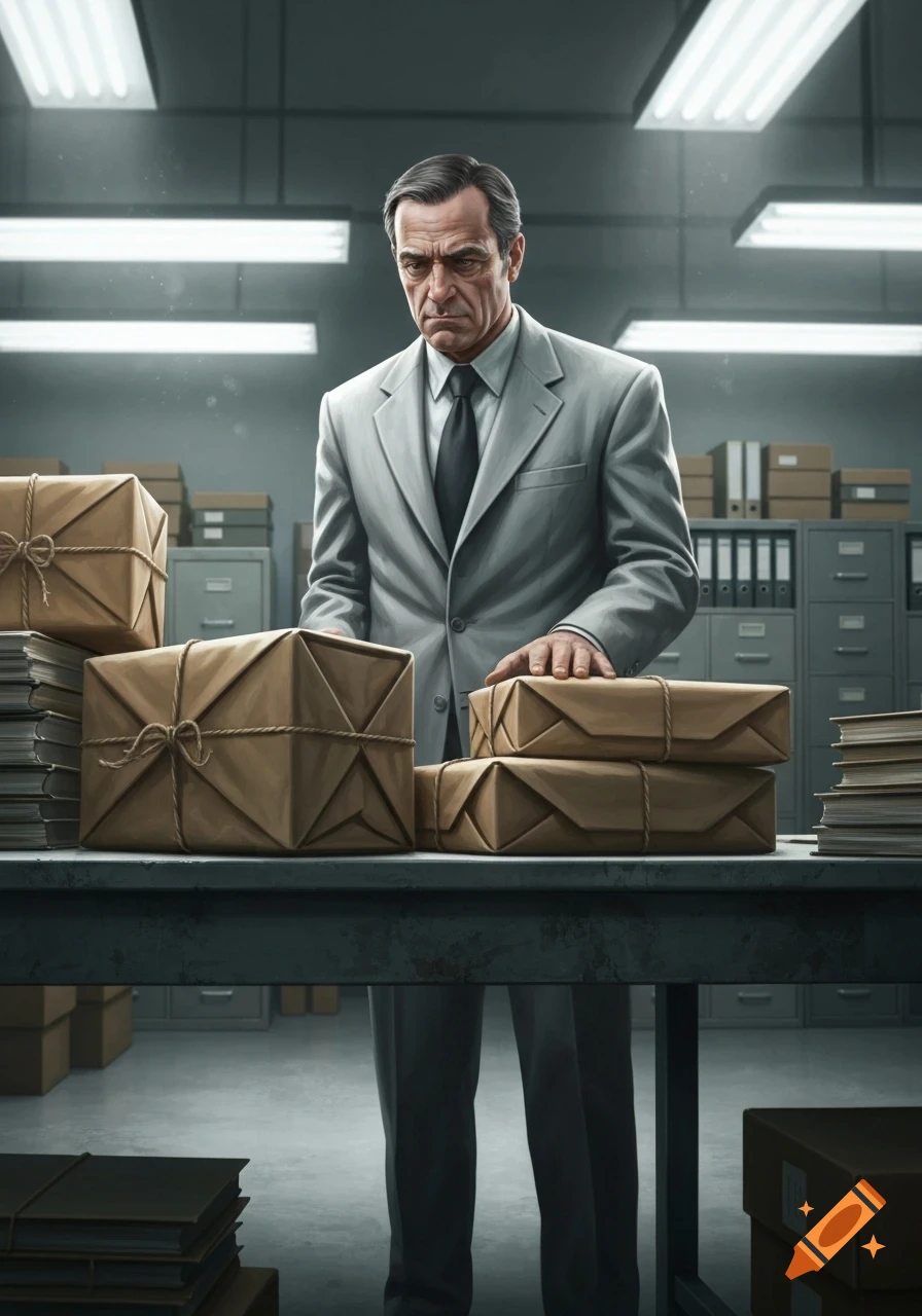 A serious man in a suit stands behind a desk with stacks of brown paper-wrapped packages in a dimly lit office.