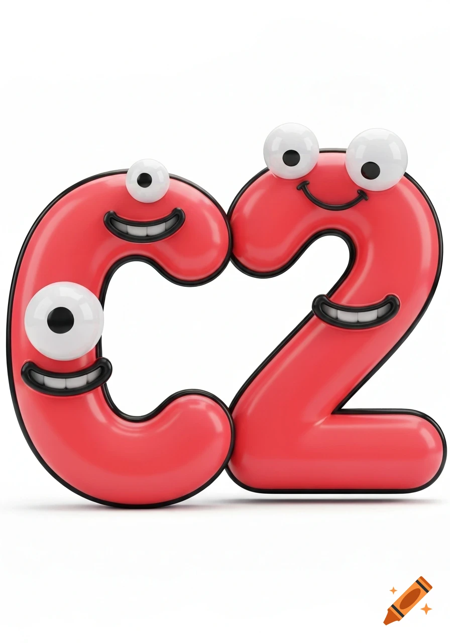 Two cartoon characters, a glossy red letter 'C' and a number '2' with googly eyes and smiling faces, on a white background.