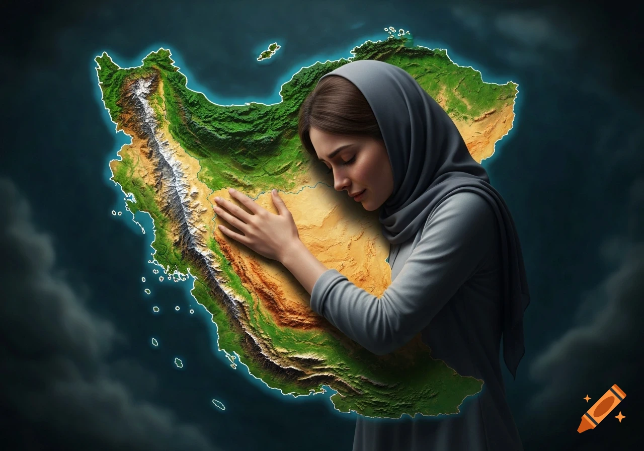A woman in a hijab tenderly hugs a photorealistic, textured map of Iran, showing diverse climatic regions against a dark, cloudy sky.