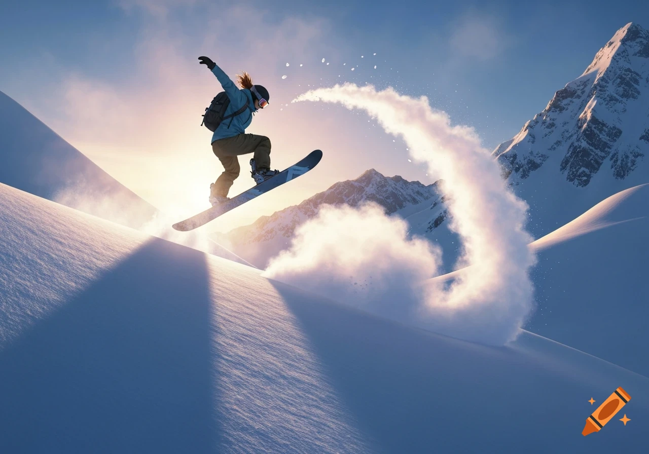 A snowboarder jumps over a snowdrift, kicking up a trail of powder with sunny mountains in the background.