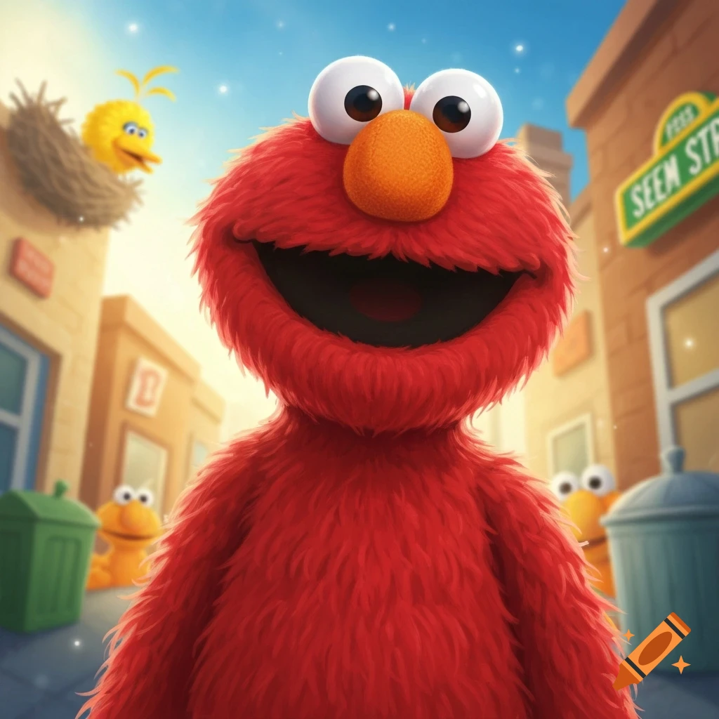Close-up of a smiling red Elmo puppet on a sunny street, with Big Bird in a nest and other characters in the background.