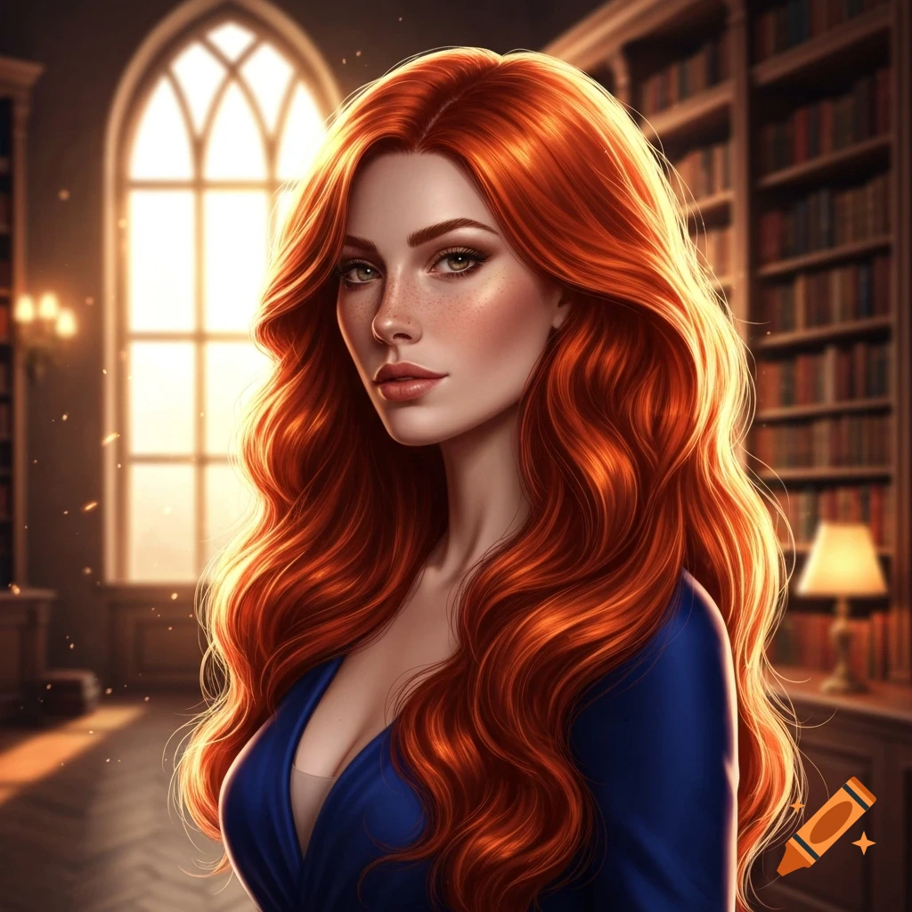 A woman with long wavy red hair, green eyes, and freckles in a blue dress, standing in a sunlit library.